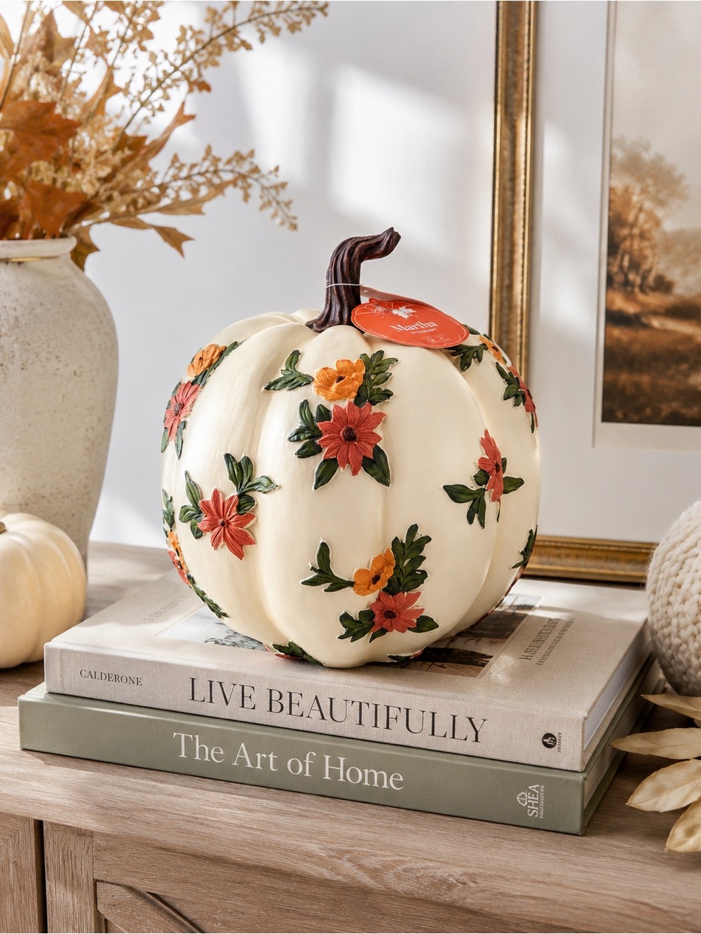 Martha Stewart Cream Floral Pumpkin Fall Harvest Decor